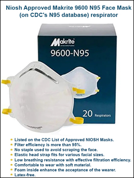 Niosh Approved Makrite 9600 N95 Face Mask (on CDC